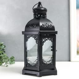 Металлический подсвечник-фонарь на 1 свечу «Цветущие вензеля», стекло, d=10 см, чёрный, 13.5×15×29 см