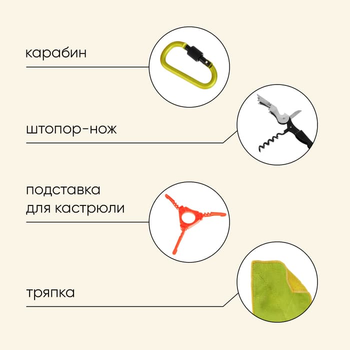 Набор туристической посуды maclay: 2 кастрюли, приборы, горелка, штопор, тряпка, карабин
