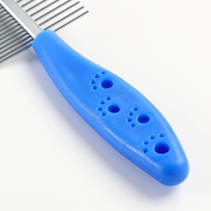 Расчёска для шерсти «Лапки», двухсторонняя, с прямыми зубьями, пластиковая ручка, синяя