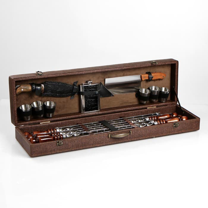 Набор с шампурами подарочный «Элит-X» №7, в коробке из эко-кожи, цвет МИКС