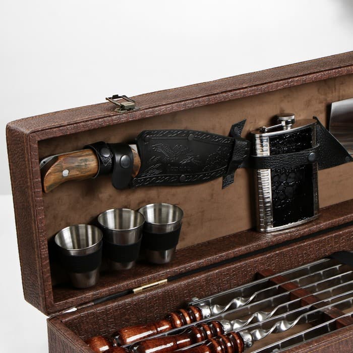 Набор с шампурами подарочный «Элит-X» №7, в коробке из эко-кожи, цвет МИКС