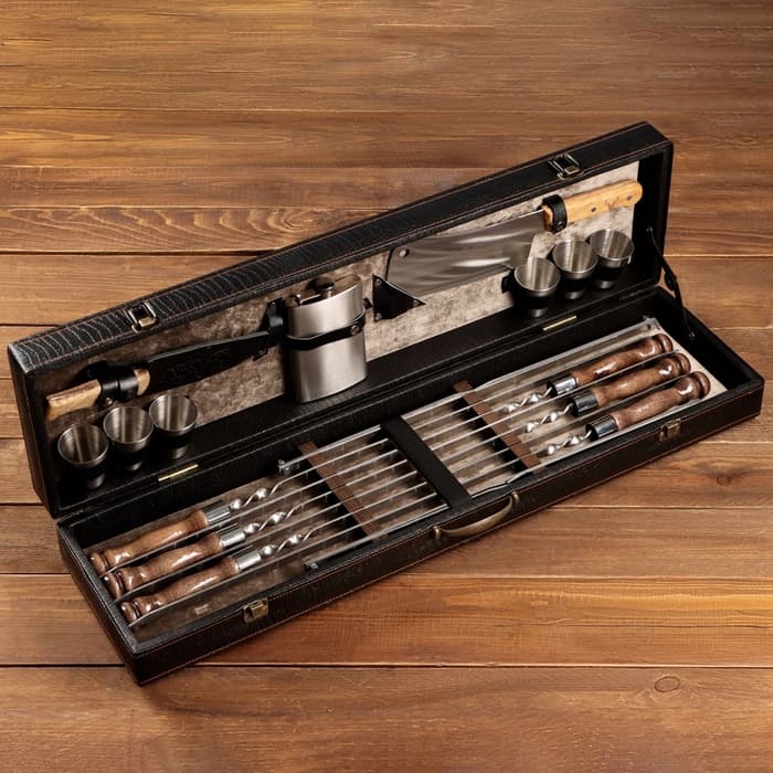 Набор с шампурами подарочный «Элит-X» №7, в коробке из эко-кожи, цвет МИКС