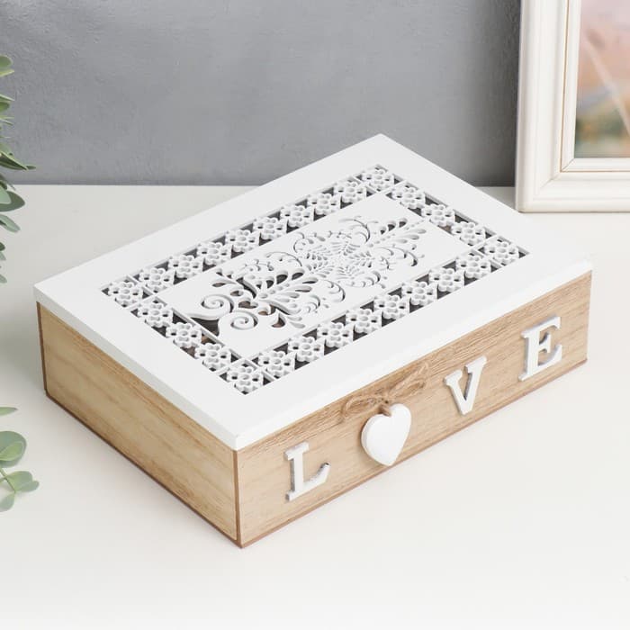 Шкатулка для украшений «Белые ажурные узоры», дерево, с делениями, 17×24×7 см, МИКС