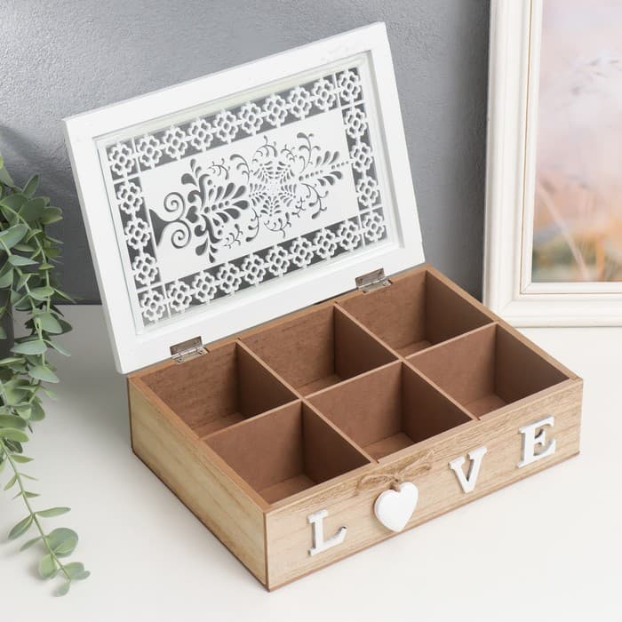 Шкатулка для украшений «Белые ажурные узоры», дерево, с делениями, 17×24×7 см, МИКС