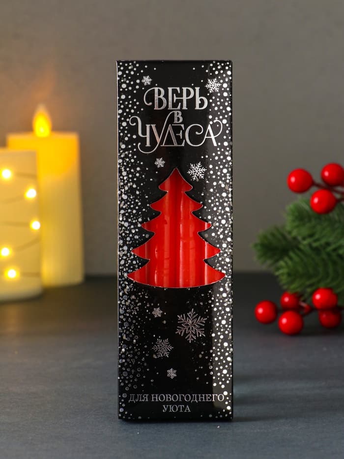 Набор свечей восковых «Новый год. Верь в чудеса», 4 шт., красные, 10×15×3 см