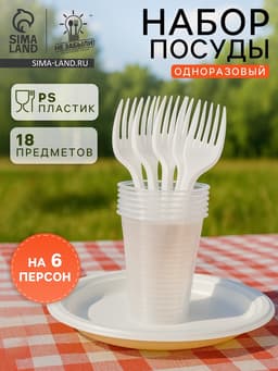 Набор пластиковой одноразовой посуды на 6 персон Не ЗАБЫЛИ! «Пикник», тарелки d=20.5 см, стаканы 200 мл, вилки