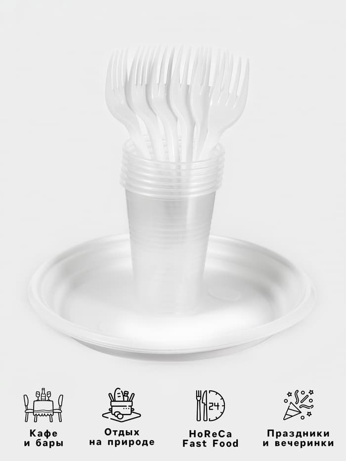 Набор пластиковой одноразовой посуды на 6 персон Не ЗАБЫЛИ! «Пикник», тарелки d=20.5 см, стаканы 200 мл, вилки