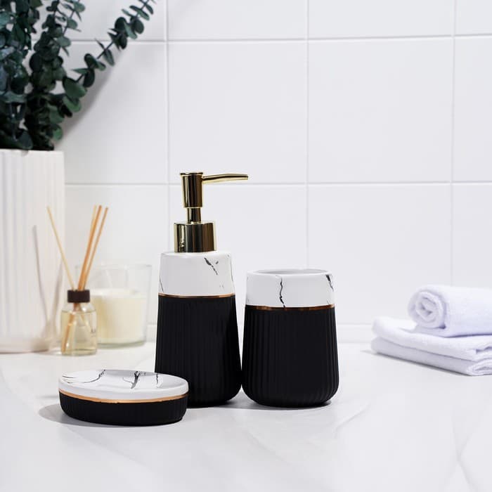 Аксессуары для ванной SAVANNA Grace, 3 предмета, дозатор для мыла 290 мл, стакан, мыльница, чёрные