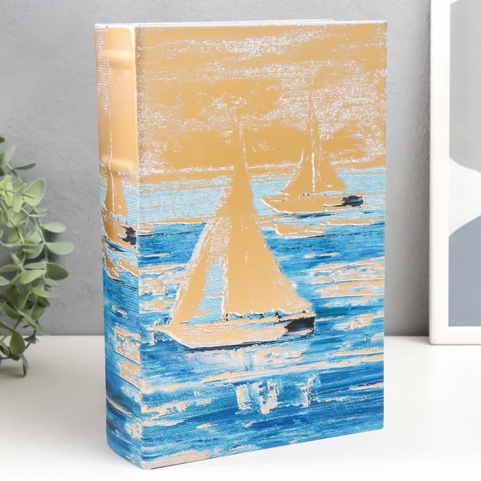 Шкатулка книга - сейф «Парусники. Масло. Золото», дерево и искусственная кожа, с замком, 27×18×7 см