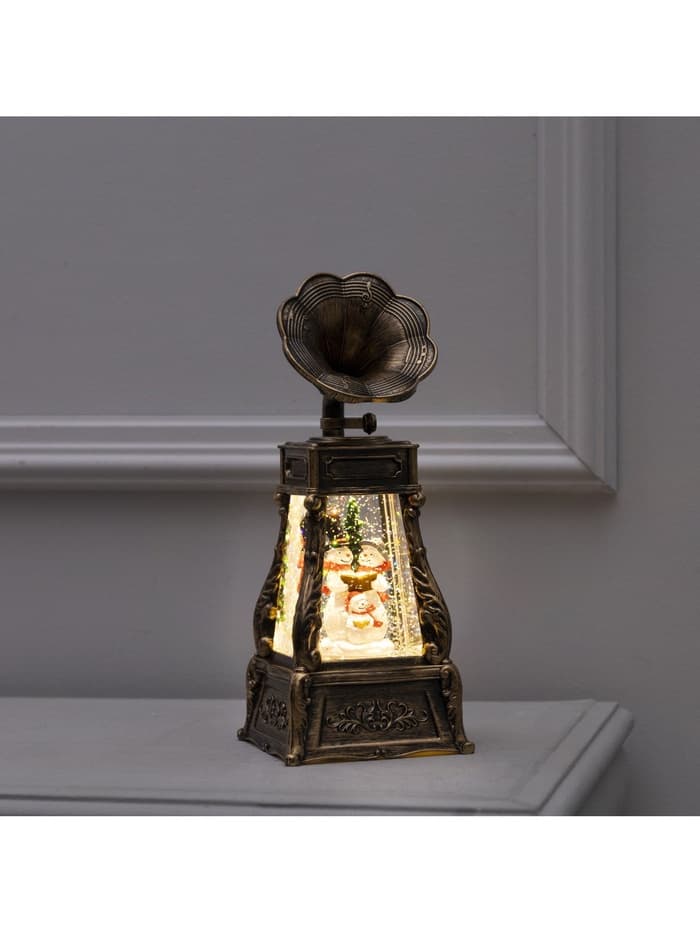 Светодиодная фигура «Граммофон со снеговиками» 11×28×11 см, пластик, от батареек ААх3, USB, свечение тёплое белое