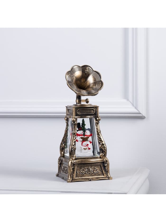 Светодиодная фигура «Граммофон со снеговиками» 11×28×11 см, пластик, от батареек ААх3, USB, свечение тёплое белое