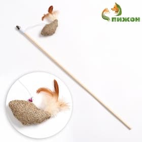 Дразнилка - удочка из эко-материалов «Птичка с кошачьей мятой и перьями», деревянная палочка