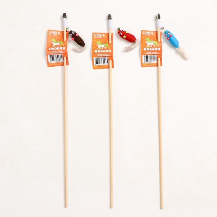 Дразнилка - удочка «Мышь из фетра с норковым хвостиком», на деревянной палочке, цвет МИКС