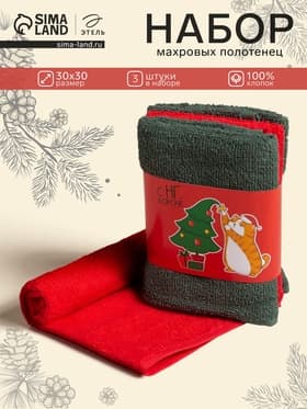 Полотенца махровые «Этель. С НГ», 30×30 см - 3 шт., хлопок 100%