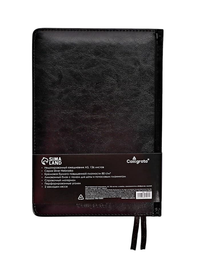 Ежедневник НЕдатированный А5, 136 листов в линейку, кожзам «Небраска», серебряный срез, чёрный