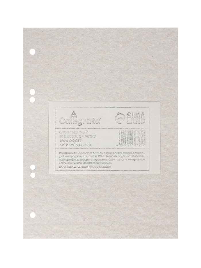 Сменный блок для тетрадей на кольцах А5, 80 листов в клетку, Calligrata, белый 100%