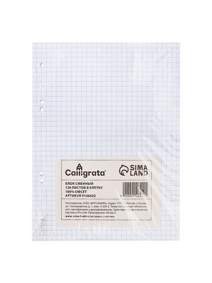 Сменный блок для тетрадей на кольцах А5, 120 листов, в клетку, Calligrata, блок офсет № 160 г/м², белизна 100%