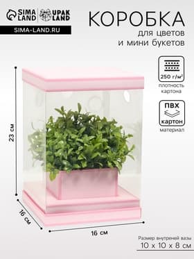 Коробка для цветов с вазой и PVC окнами складная, розовый, 16×23×16 см
