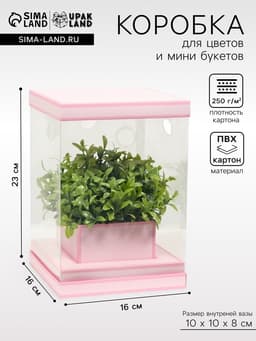 Коробка для цветов с вазой и PVC окнами складная, розовый, 16×23×16 см