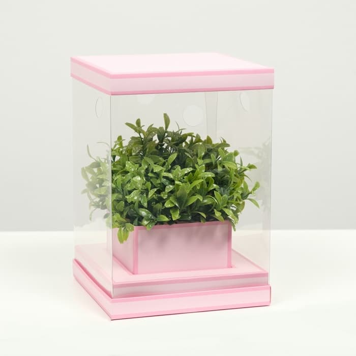 Коробка для цветов с вазой и PVC окнами складная, розовый, 16×23×16 см