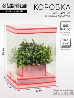 Коробка для цветов с вазой и PVC окнами складная, насыщенно - розовый, 16×23×16 см