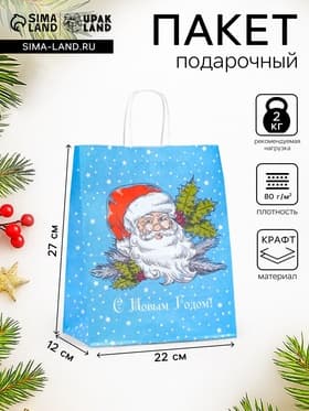 Пакет бумажный подарочный новогодний крафт «Дедушка мороз» 22×12×27 см