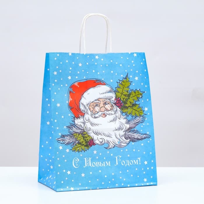Пакет бумажный подарочный новогодний крафт «Дедушка мороз» 22×12×27 см