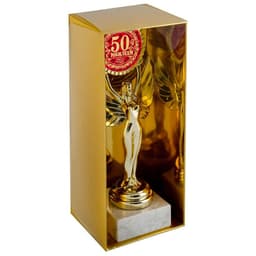 Наградная фигура Ника с вкладышем «С Юбилеем 50», пластик, подставка камень, золото, 18 см
