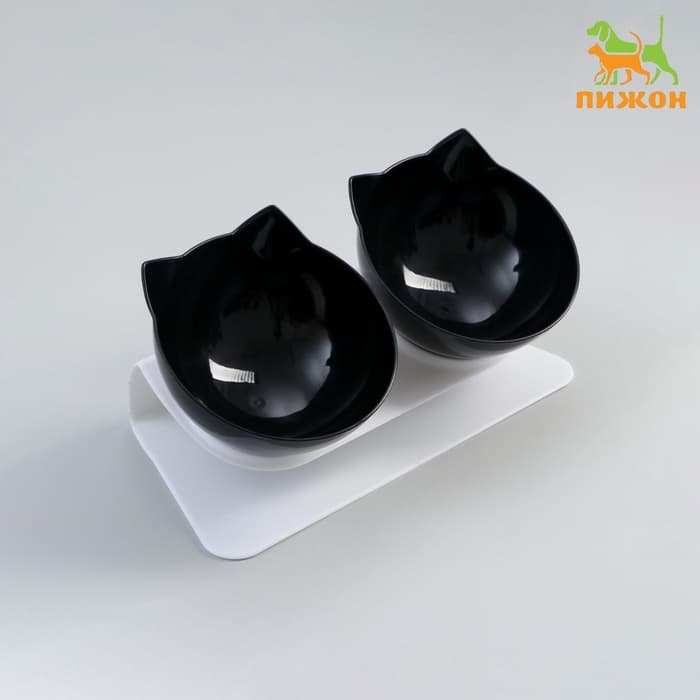 Миски, 27.5×14×15 см, 2 шт., на белой подставке, пластик, чёрные
