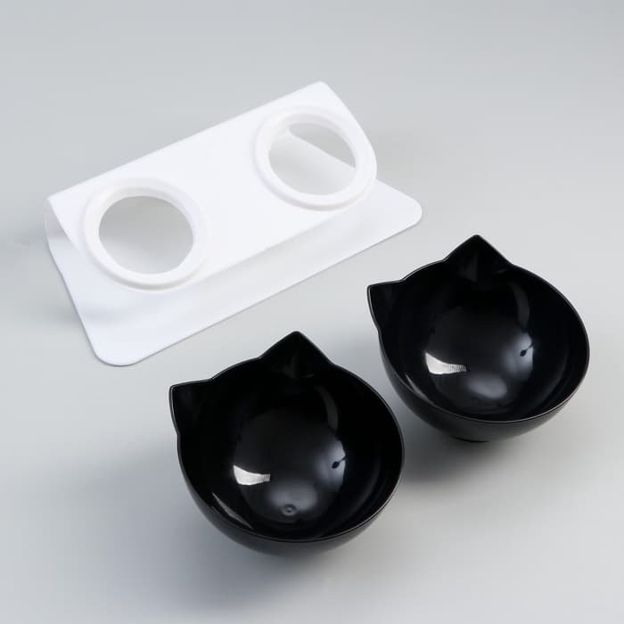 Миски, 27.5×14×15 см, 2 шт., на белой подставке, пластик, чёрные