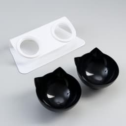 Миски, 27.5×14×15 см, 2 шт., на белой подставке, пластик, чёрные