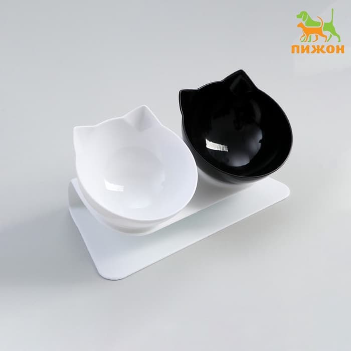 Миски, 27.5×14×15 см, 2 шт., на белой подставке, пластик, чёрная, белая