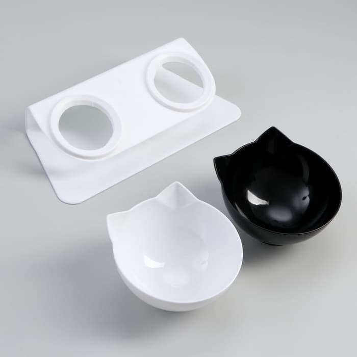 Миски, 27.5×14×15 см, 2 шт., на белой подставке, пластик, чёрная, белая