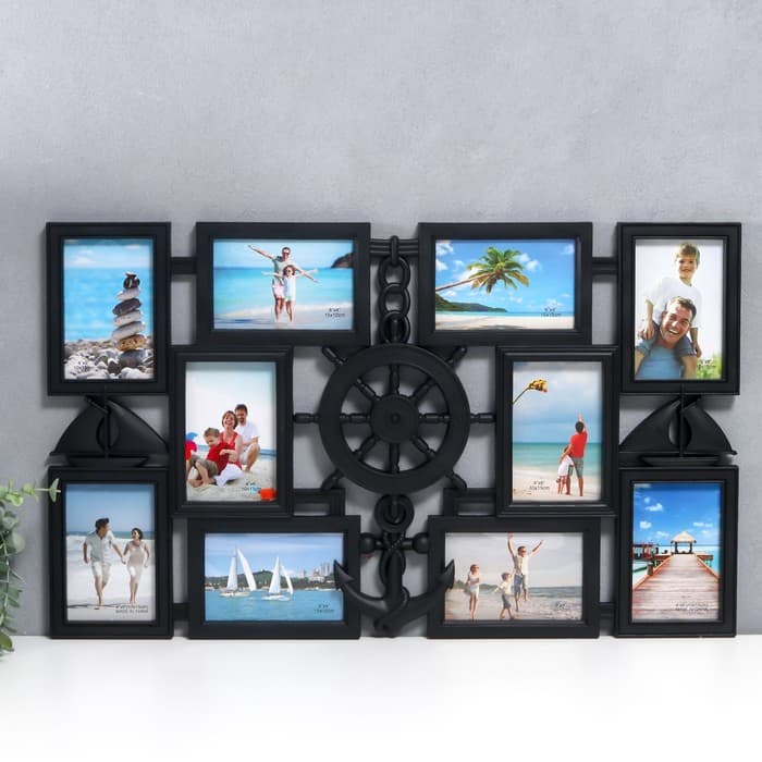 Фоторамка - коллаж на 10 фото 10×15 см «Якорь и штурвал», пластик, мультирамка, чёрная, 41×68 см