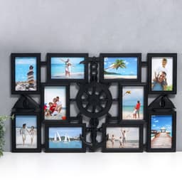 Фоторамка - коллаж на 10 фото 10×15 см «Якорь и штурвал», пластик, мультирамка, чёрная, 41×68 см