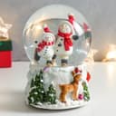 Снежный шар новогодний стеклянный «Два снеговичка и оленёнок», музыкальный, 11×10×14 см