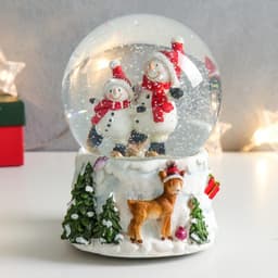 Снежный шар новогодний стеклянный «Два снеговичка и оленёнок», музыкальный, 11×10×14 см