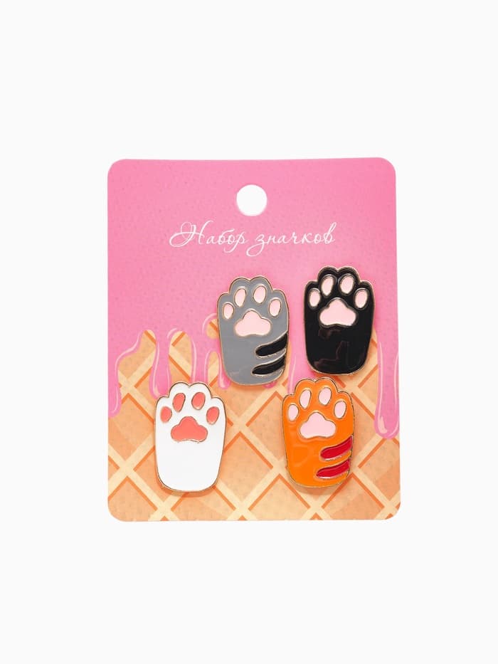 Набор значков (4 шт.) «Лапки», кошачьи, цветной в золоте