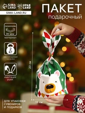 Пакет полиэтиленовый подарочный с ушками «Новогодний медведь», 13×23 см
