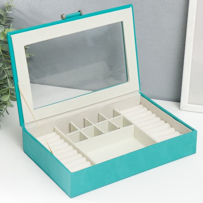 Шкатулка для украшений «Хэмптонс», с зеркалом, искусственная кожа, с замком, голубая, 5.5×27×18 см