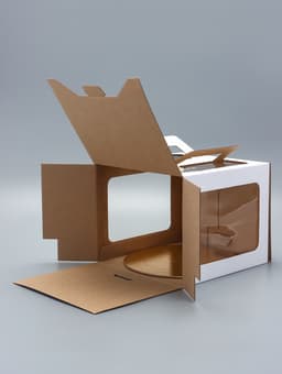 Коробка под торт 2 окна, с ручками, белая, + подложка 2.5 золото - белый, 28×28×20 см