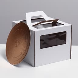 Коробка под торт 2 окна, с ручками, белая, + подложка 2.5 золото - белый, 28×28×20 см