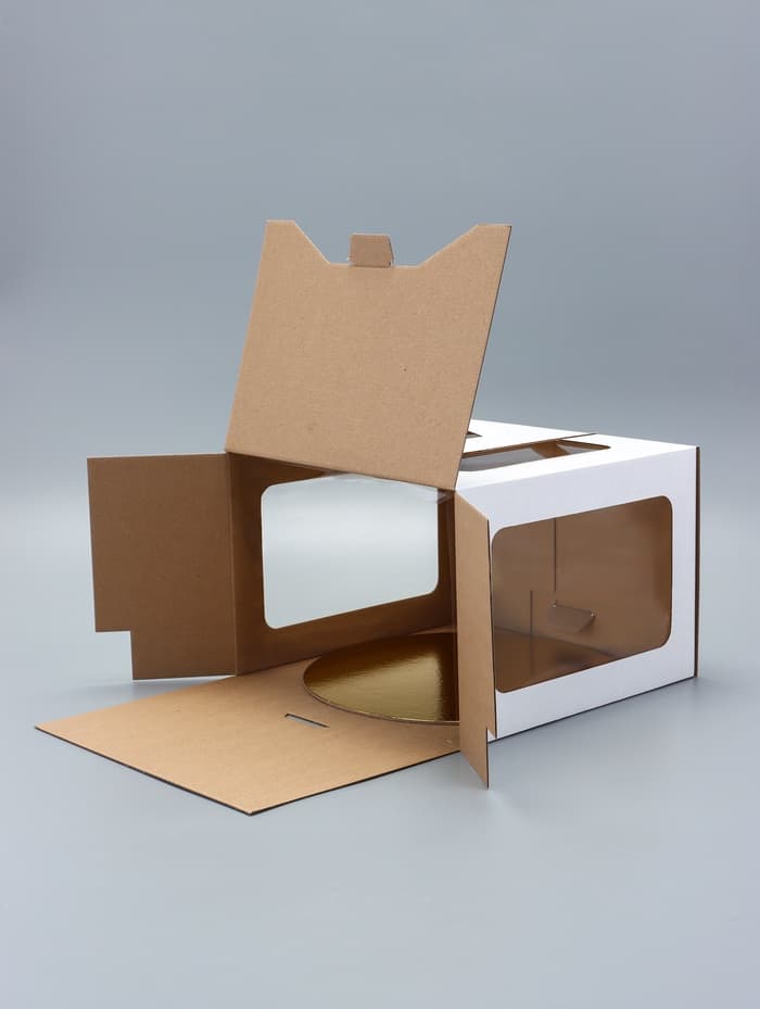 Коробка под торт 2 окна, с ручками, белая, + подложка 2.5 золото - белый, 24×24×20 см