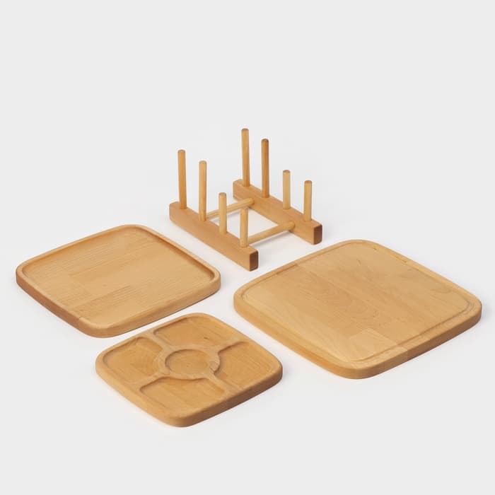 Подарочный набор посуды Adelica «Мечта хозяйки», доска разделочная d=28 см, блюдо для подачи d=24 см, менажница d=20 см, подставка, дерево берёза