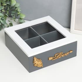 Шкатулка для чая «Лист папоротника», с делениями, дерево, стекло, бело-серая, 18×18×7 см