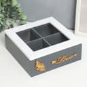 Шкатулка для чая «Лист папоротника», с делениями, дерево, стекло, бело-серая, 18×18×7 см