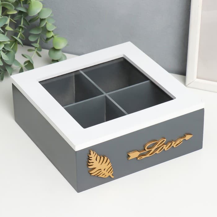 Шкатулка для чая «Лист папоротника», с делениями, дерево, стекло, бело-серая, 18×18×7 см