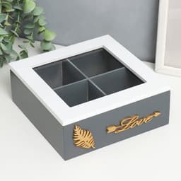 Шкатулка для чая «Лист папоротника», с делениями, дерево, стекло, бело-серая, 18×18×7 см