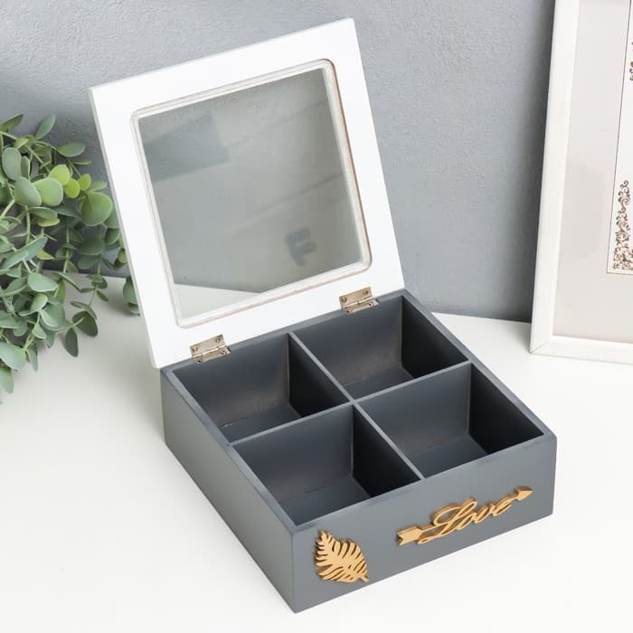 Шкатулка для чая «Лист папоротника», с делениями, дерево, стекло, бело-серая, 18×18×7 см