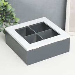 Шкатулка для чая «Лист папоротника», с делениями, дерево, стекло, бело-серая, 18×18×7 см